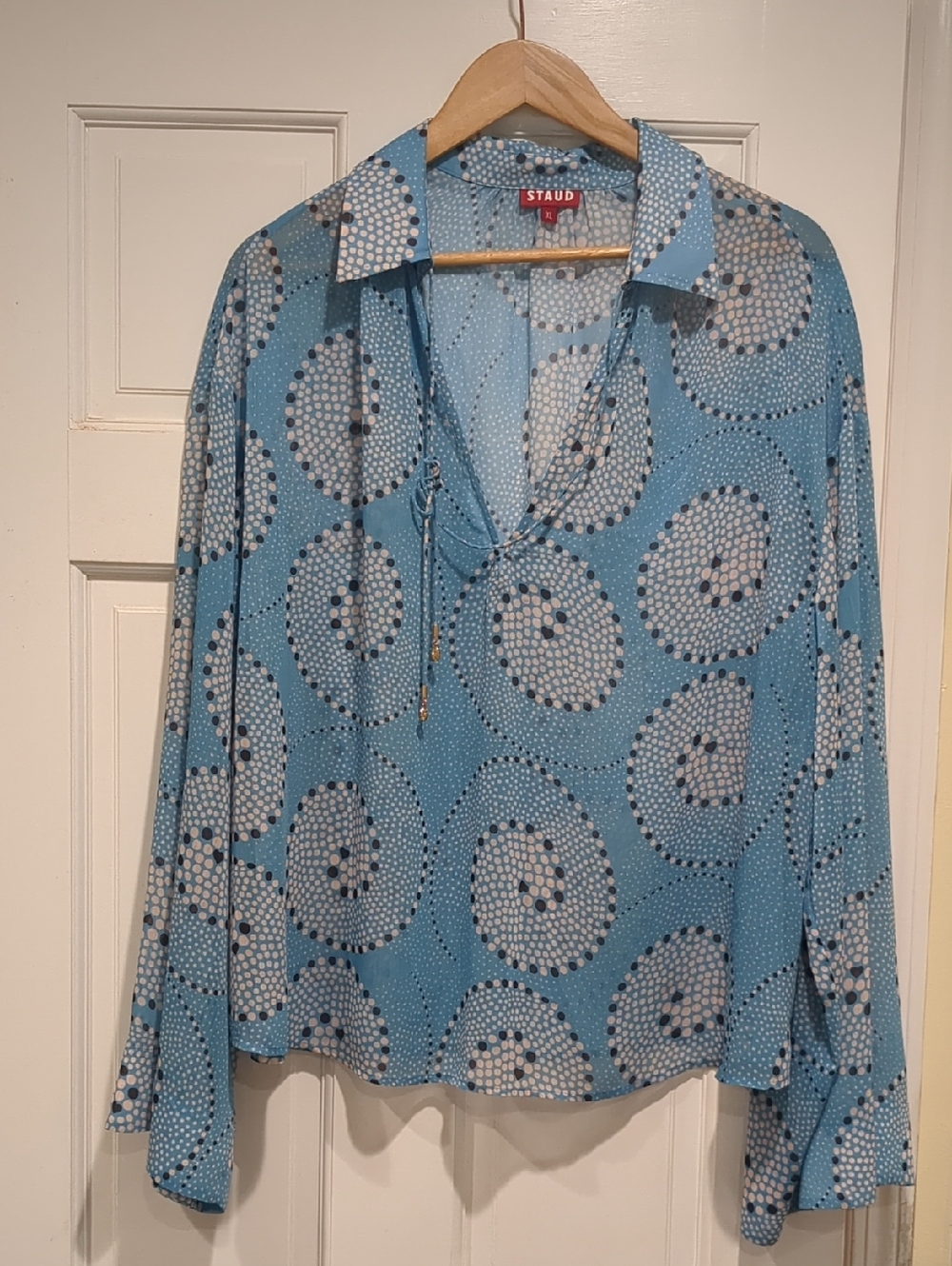 STAUD Blue White Dot-Print Gauzy Button Down Blouse